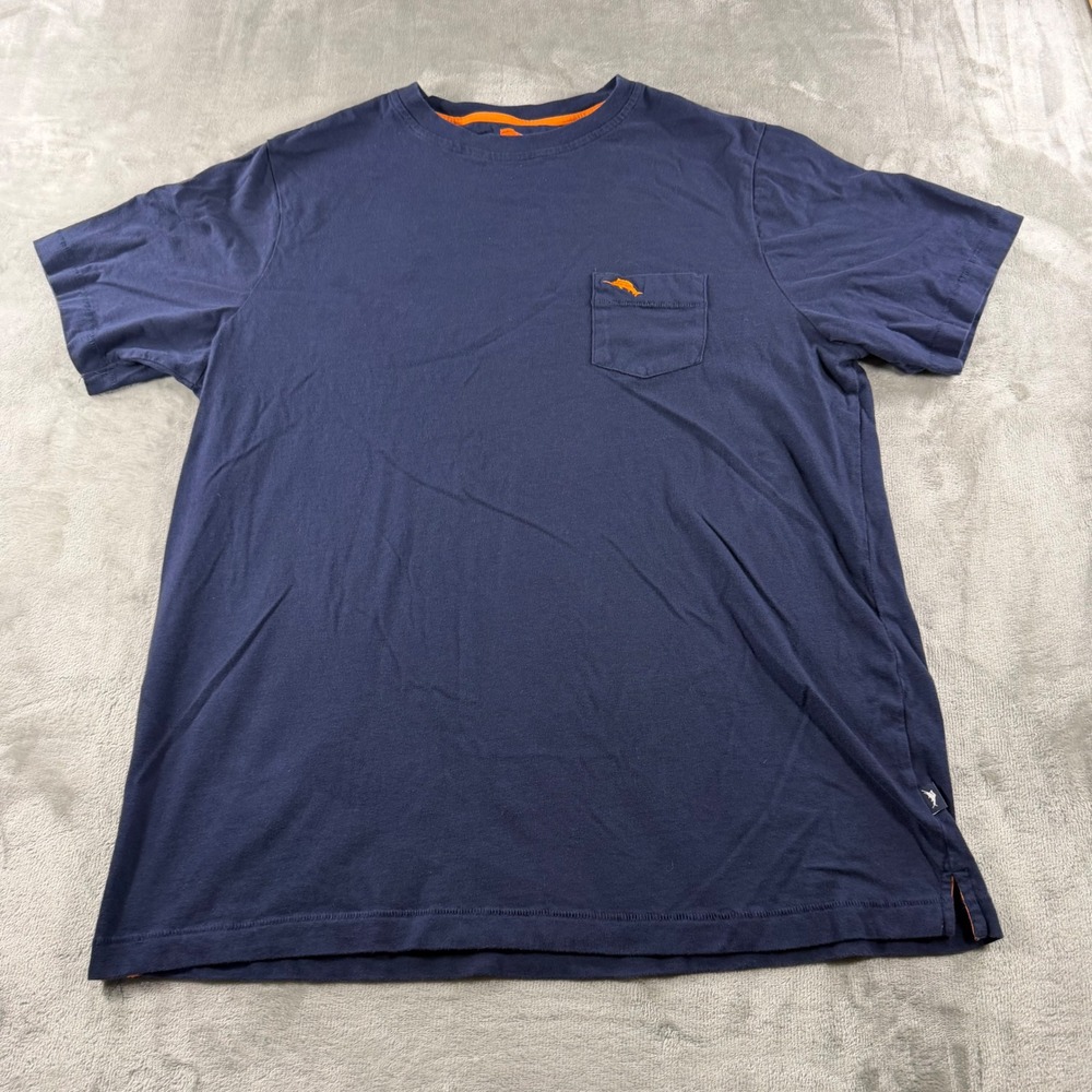 Tommy Bahama Mens XL Navy Blue Cotton Short Sleeve Pocket T-Shirt Marlin Logo